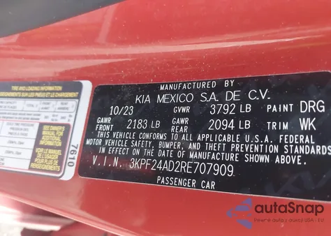 2024 Kia Forte Lxs from USA, damaged, VIN 3KPF24AD2RE707909